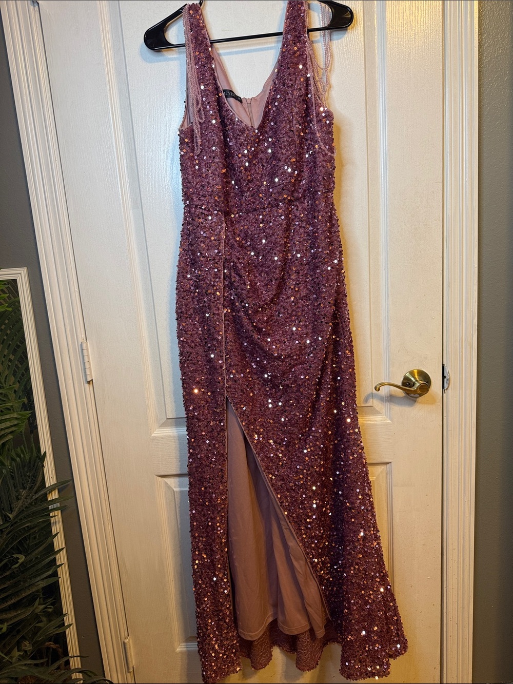 Sequin V-Neck Prom Gown in Mauve Pink